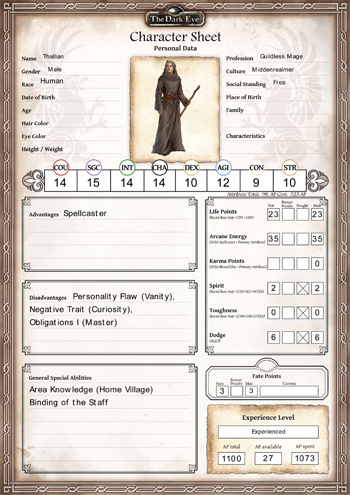 The Dark Eye Character Sheet - Middenrealmer Guildless Mage