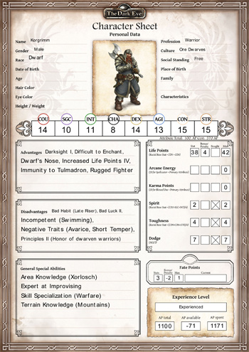 The Dark Eye Character Sheet - Ore Dwarf Warrior