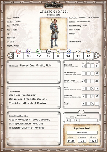 The Dark Eye Character Sheet - Middenrealmer Rondra Priest