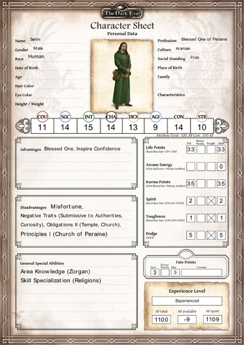 The Dark Eye Character Sheet - Aranian Peraine Priest