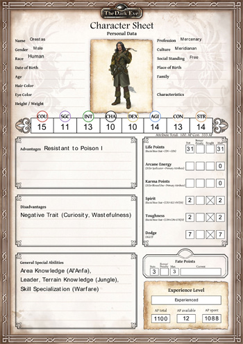 The Dark Eye Character Sheet - Meridianan Mercenary