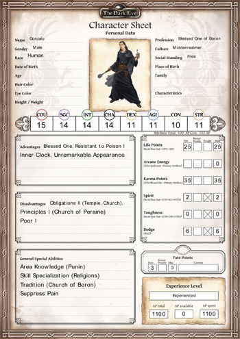 The Dark Eye Character Sheet - Middenrealmer Boron Priest